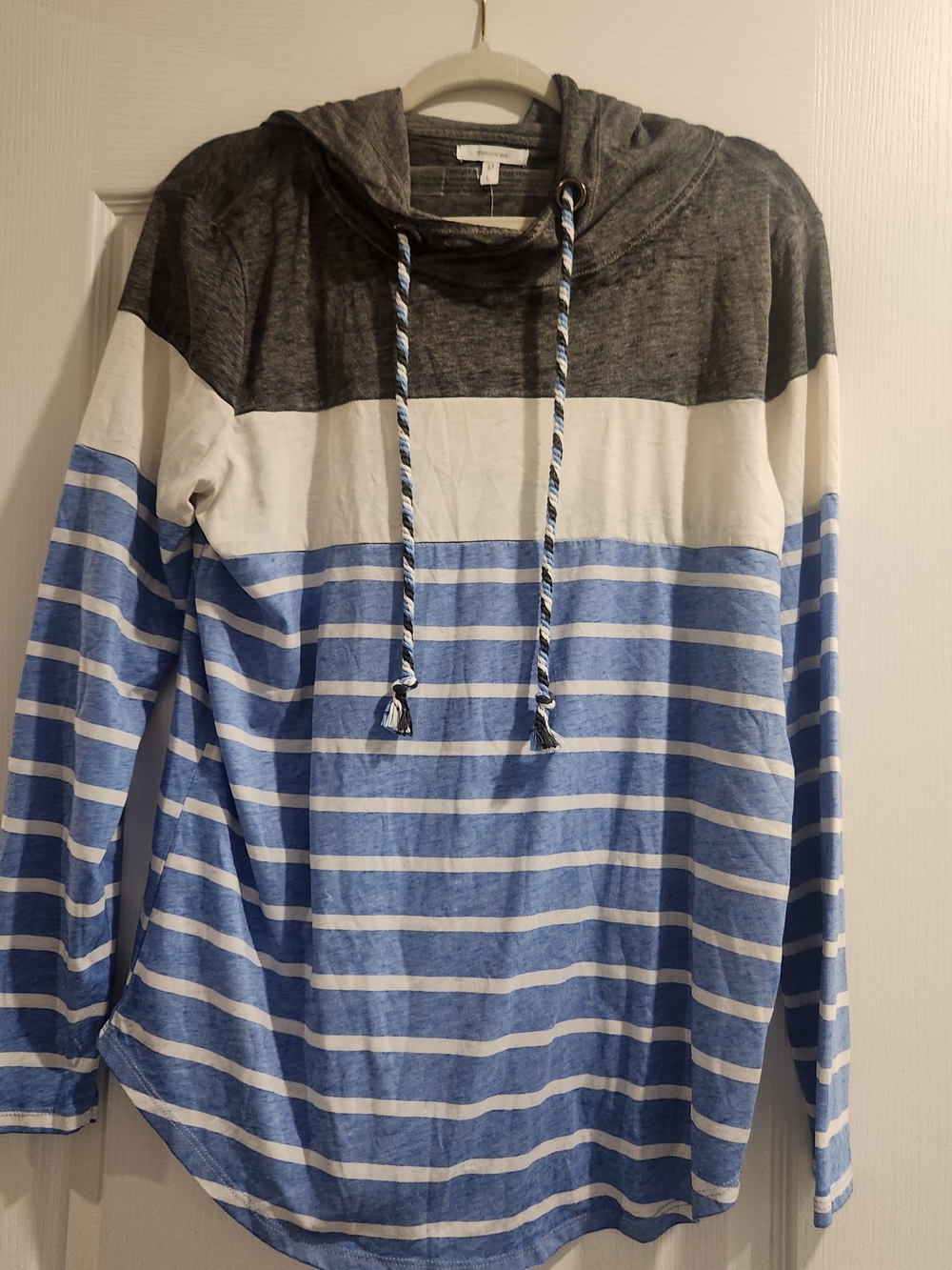 Maurices Blue White and Gray Striped Hooded Long Sleeve Top L BNWT